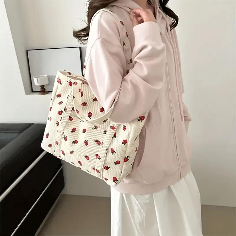 Strawberry Tote Bag Large Capacity Strawberry Pattern Tote Bag Women's Fashion Shopping Bag with Fixed Strap, Casual Travel Tote