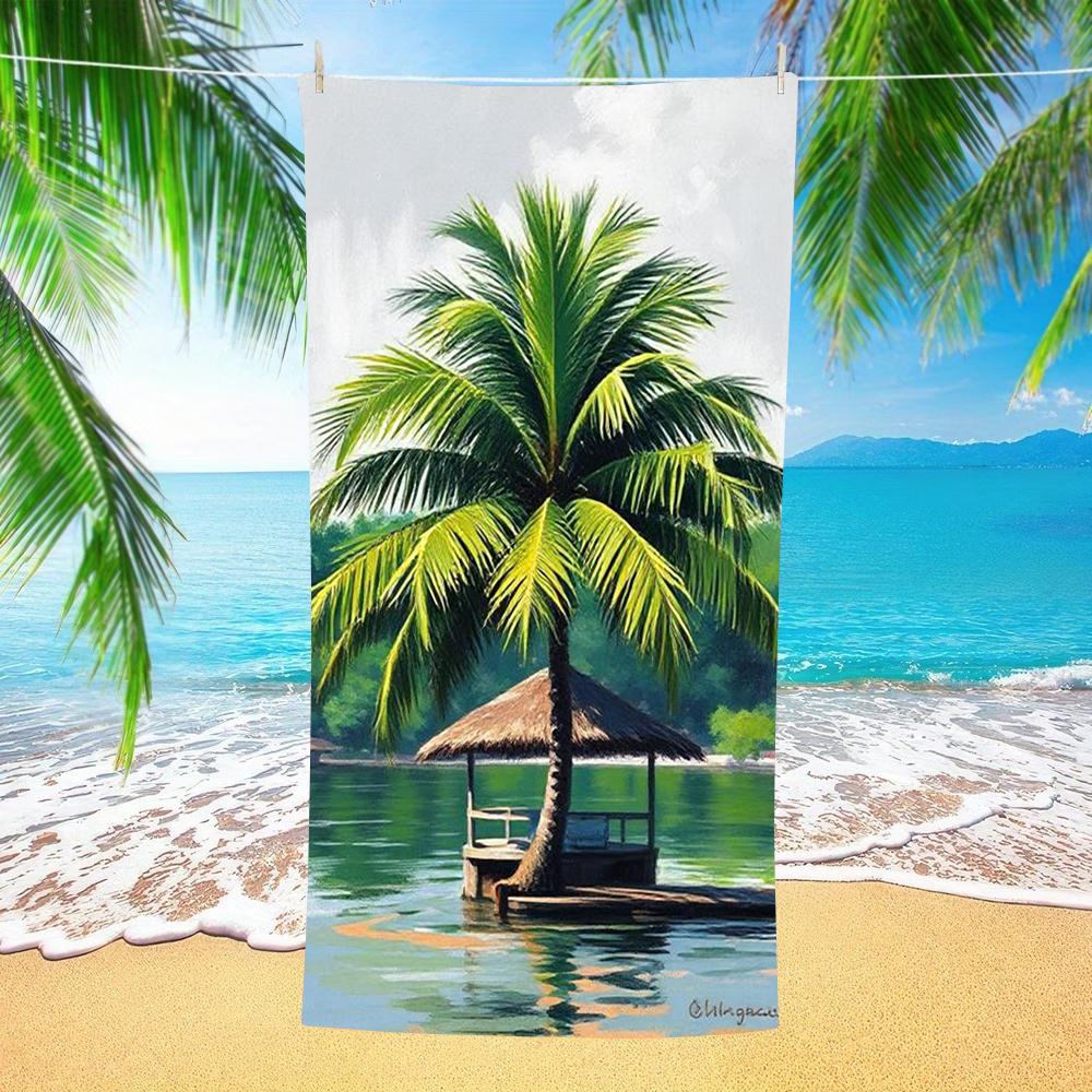 Tropical Hut Coconut Tree Print Beach Towel, Oversized Sandproof Towel for Adults Swimming Pool Camping Use