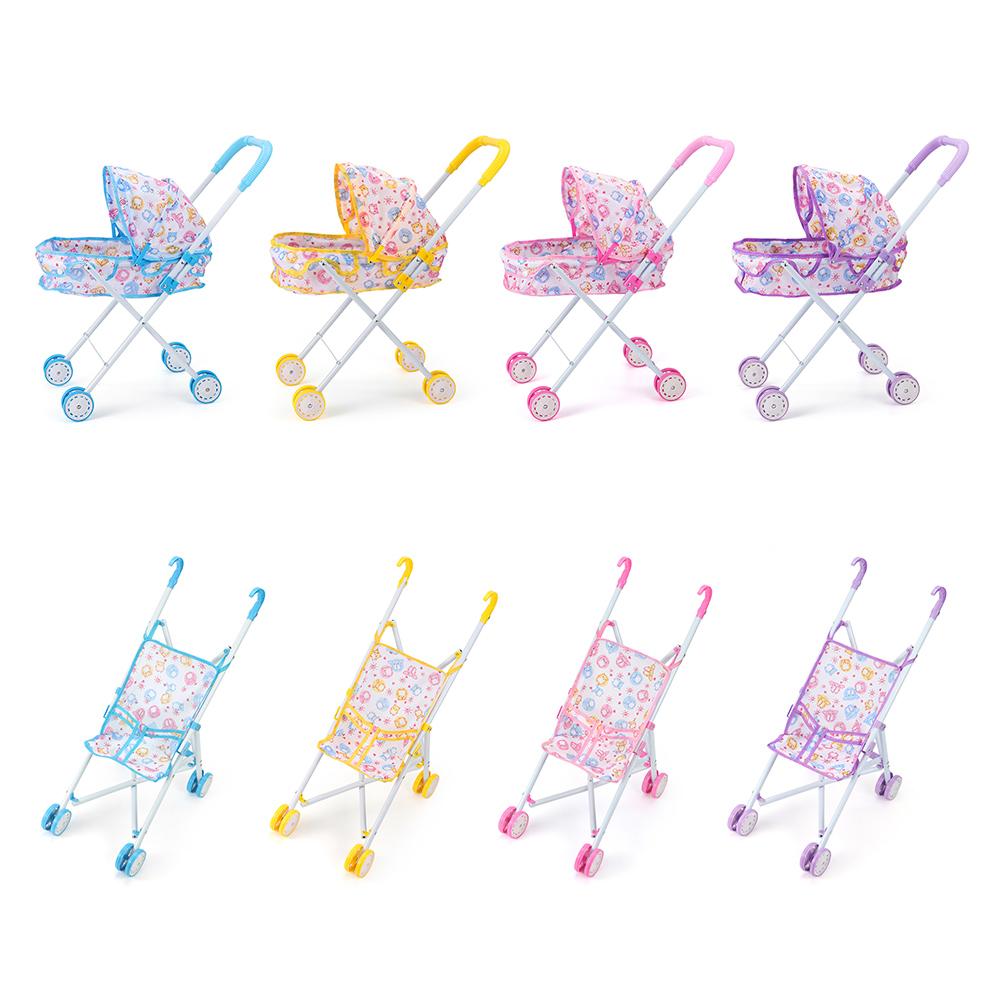 

Foldable Dolls Pram Iron Doll Handcart Colorful Baby Walker for Boys Girls Pink-B