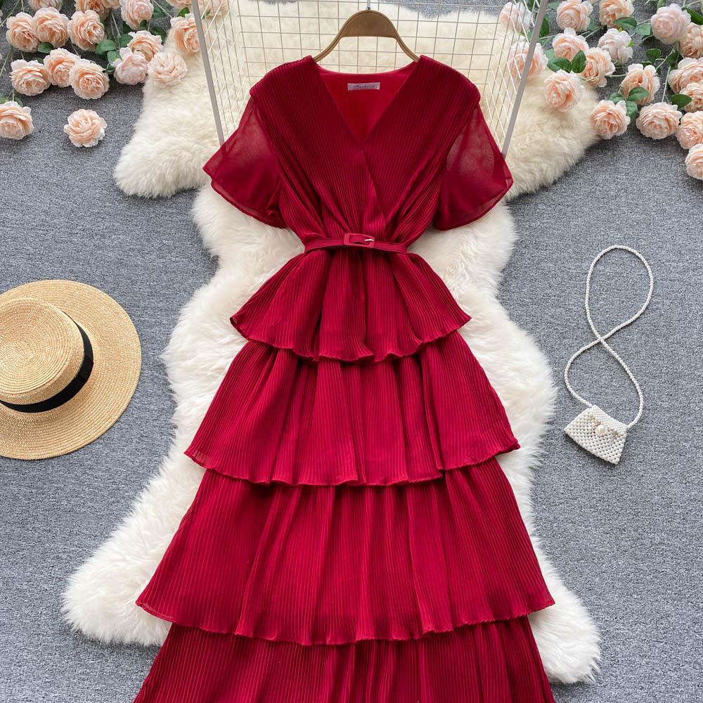 Sommer Kvinner Feriebelte Løs Lang Kjole Elegant Kortermet Ruffles Strand Maxi Kjoler