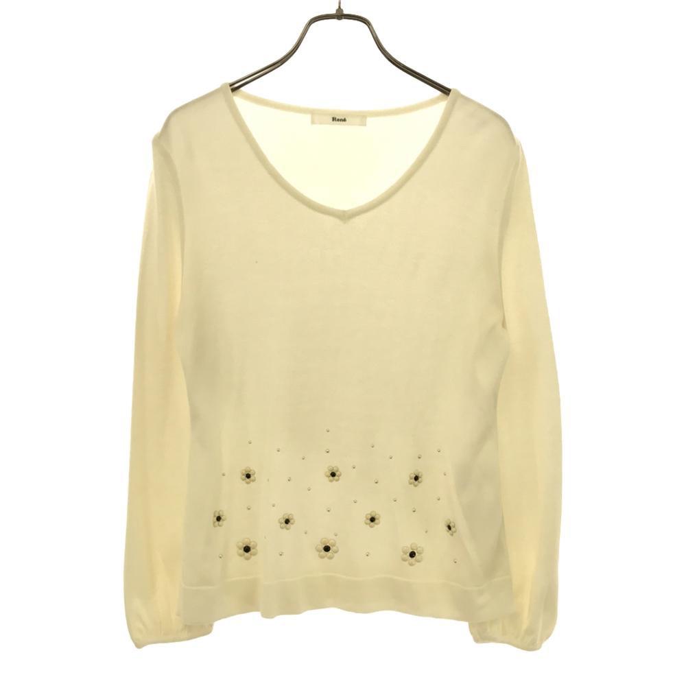 Rene Made In Japan Long Sleeve Balloon Sleeves V-neck Sweater Knit Beads Women Used