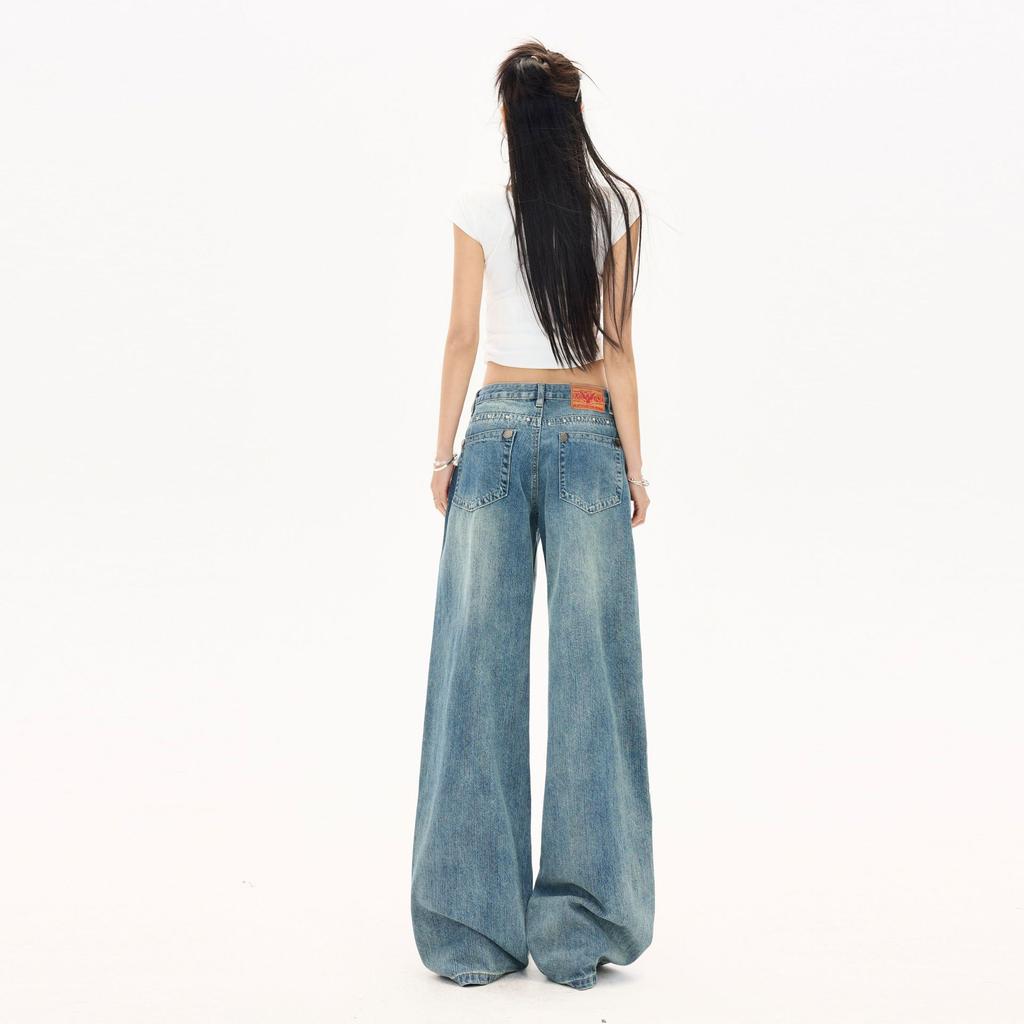 Spring Summer Vintage Blue Beaded Slub Wash High Waist Floor Wide Leg Denim Pants For Women Casual Pants Oversize Denim Trousers