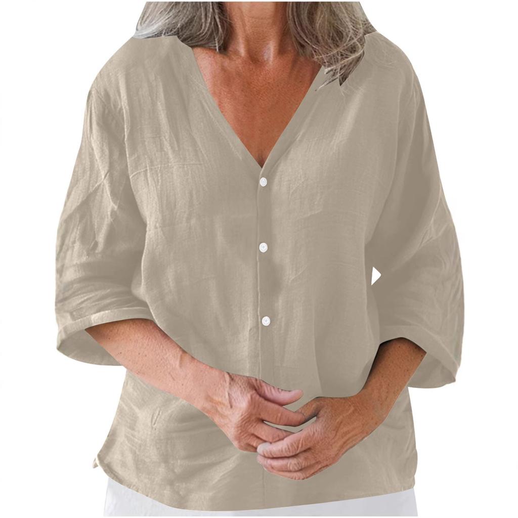 Women's Casual V-neck Cardigan Cotton Linen Solid Color Women's Top Shirts