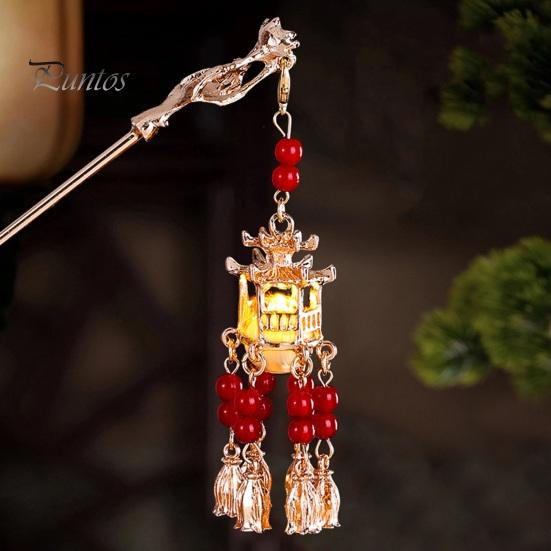 Hair Stick Women Vintage Traditional Chinese Palace Lantern Shape Pendant Faux Pearl Fork Decor Tassel Stainless Exquisite Forks Hanfu Dress Prop Lady