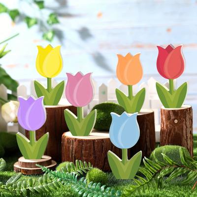 Yousheng 6Pcs Wooden Tulips Decor Rustic Standing Tulip Block Set Realistic Looking Vibrant Color Smooth Edge Spring Easter Wooden Tulip Decorations