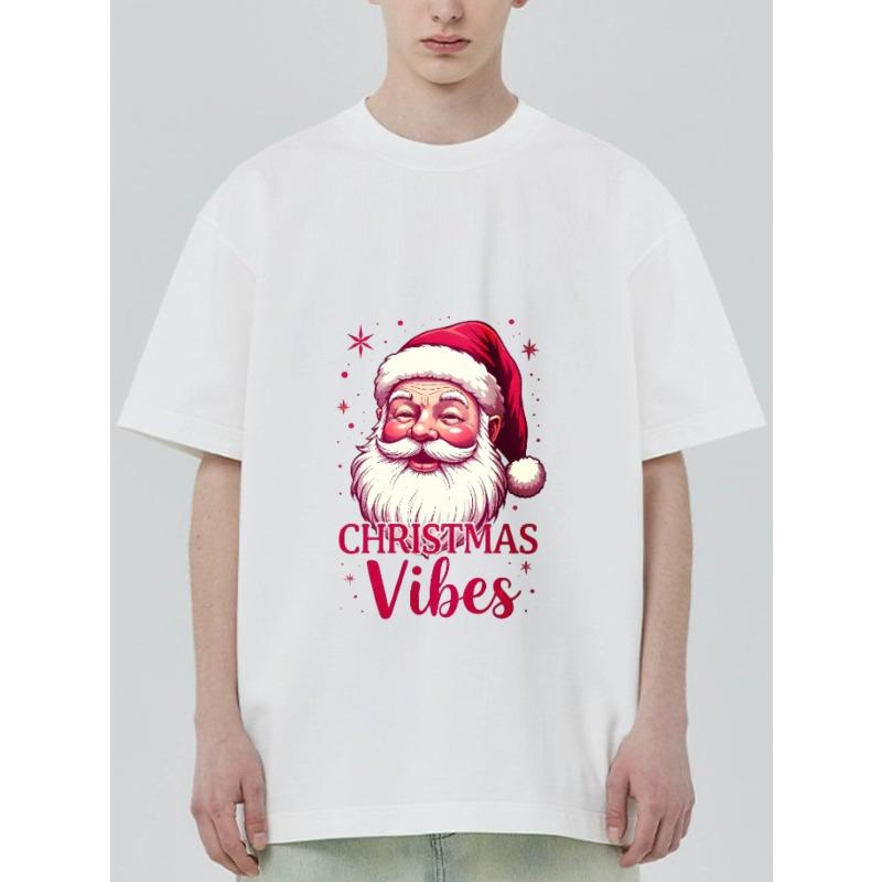 Christmas T Shirt Black Santa Claus Face and Christmas Vibes Print for Holiday Party