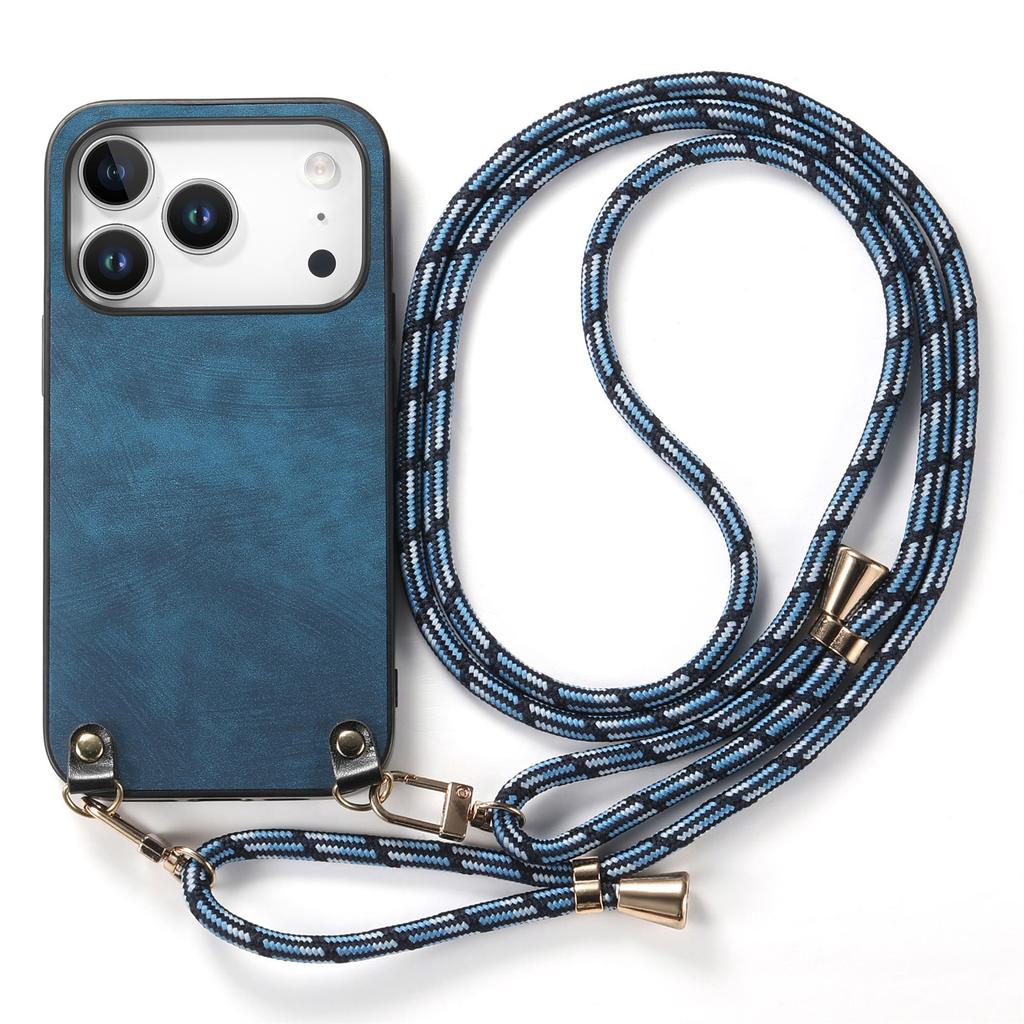 Pro iPhone 17 Pro Retro kožený zadní kryt telefonu s nastavitelným popruhem