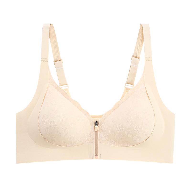 New Seamless Front Zipper Underwear Women's Large Elastic Fixed Cup Pull Large Size Steel Rimless Bra