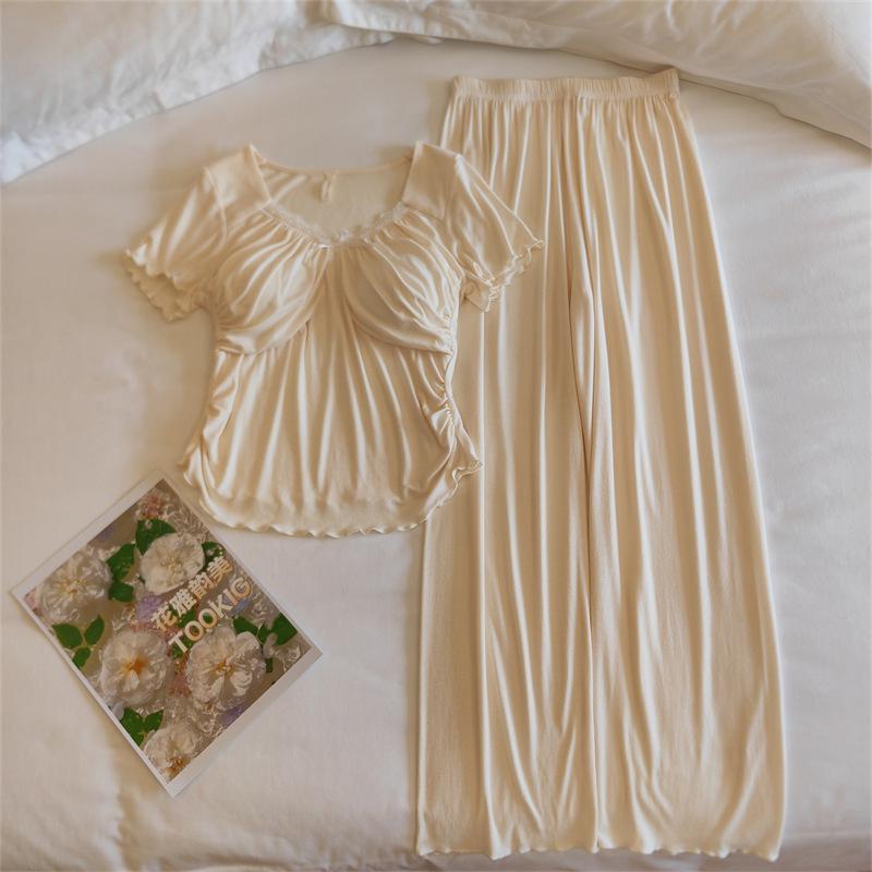 Women's Modal Pajama Set: Summer Short Sleeve & Long Pants with Chest Pad