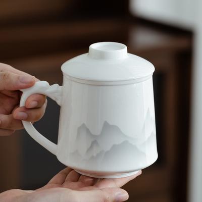 Ink Mutton Fat Jade White Porcelain Tea Cup Office Tea Water Separation Cup with Filter Brewing Tea Cup Gift Box Event Gift