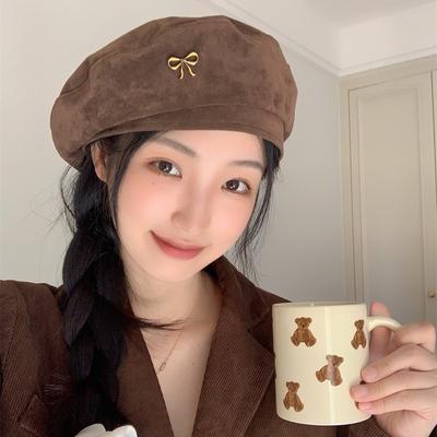 Korean Version of Autumn and Winter New Sweet Beret Women's Versatile Bow Painter Hat Retro Face Showing Small Pumpkin Hat