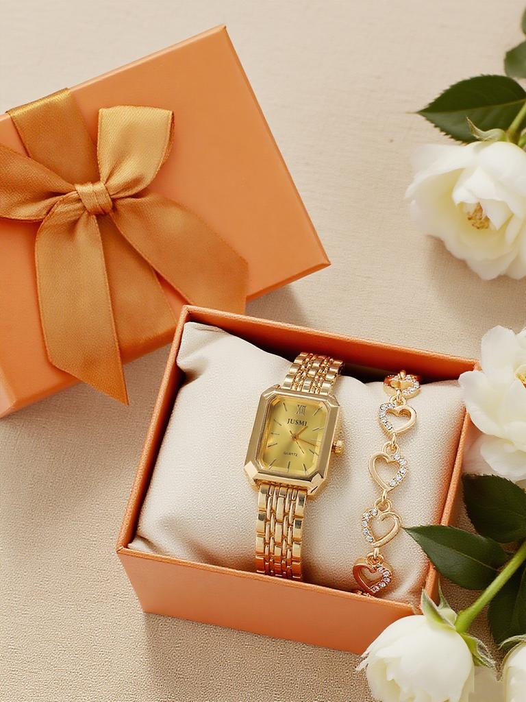 Fashionable simple square dial steel band women's quartz watch love diamond bracelet set of 2, suitable for daily wear, holiday