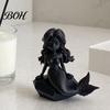Cartoon Mermaid Figurine 3D Printed Action Figure, Dark Gothic Style with Matte Black Finish, Movable Joints Wavy Hair Design & Wide Rock Base, Decor