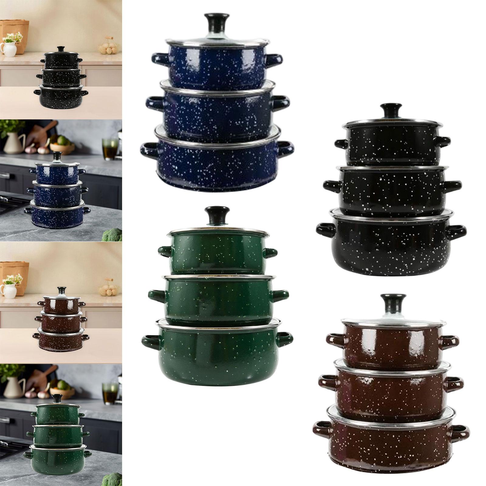 3Pcs Enamel Stockpot with Lid Easy to Clean Sturdy Heat Resistant Cookware Cooking Pot for Household Kitchen Restaurant Wedding