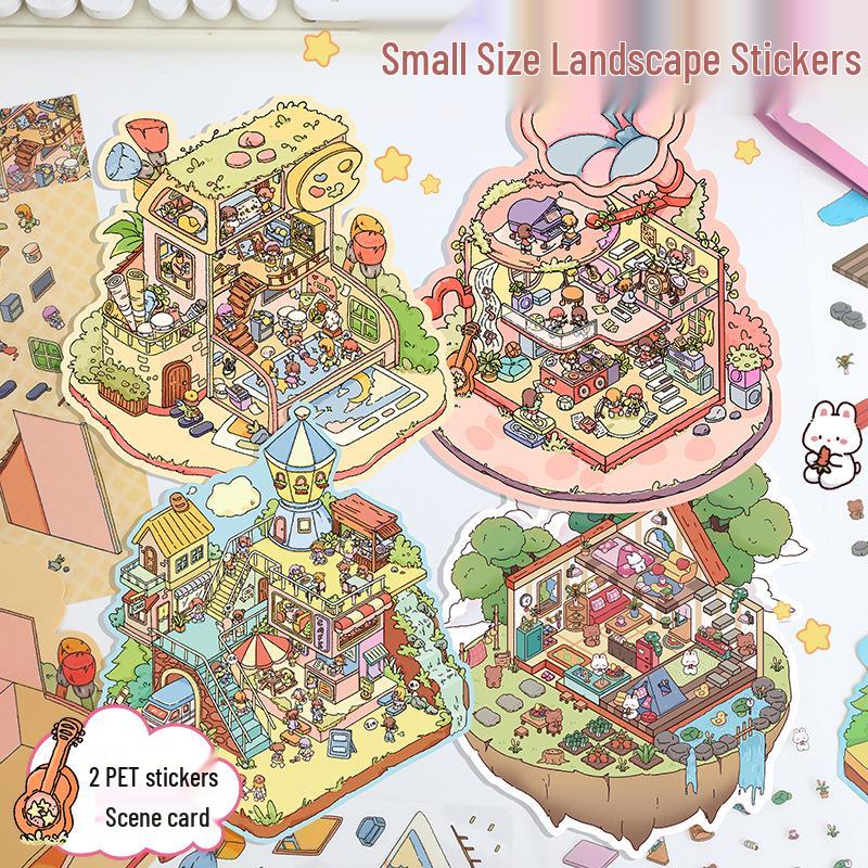 Cute 3D Cartoon Cottage Landscaping Stickers for Collage Journals