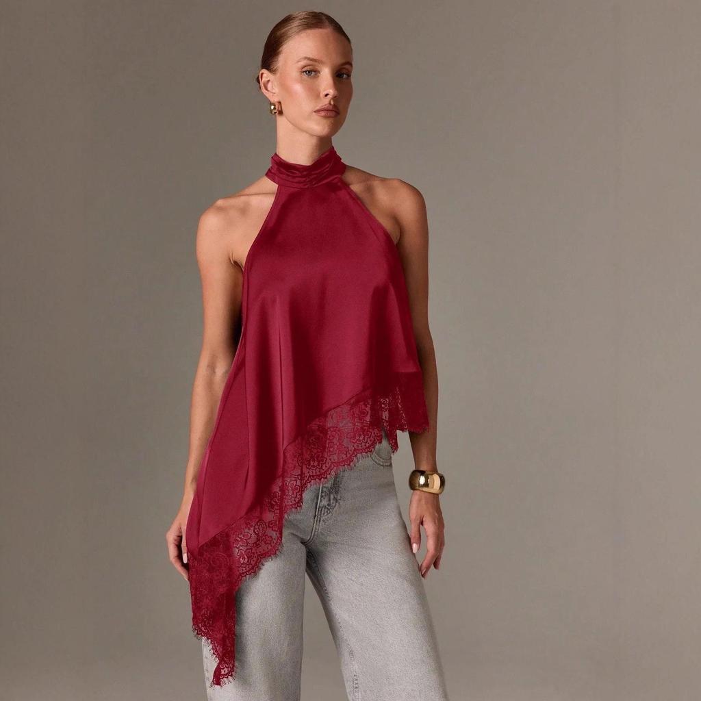 2025 Women's Satin Halter Neck Sleeveless Asymmetrical Camisole with Lace Trim