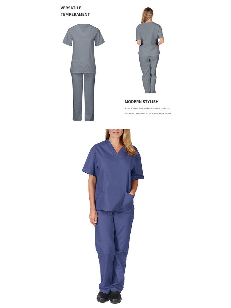 European and American Style Solid Color V-Neck Nursing Uniform Set for Women - Protective Two-Piece with Pockets