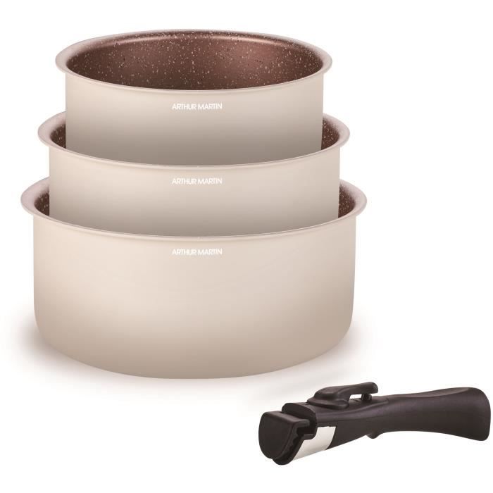 

Set de 3 casseroles ARTHUR MARTIN - AM2655 - 16-18-20 cm + 1 poignée amovible - Tous feux dont induction