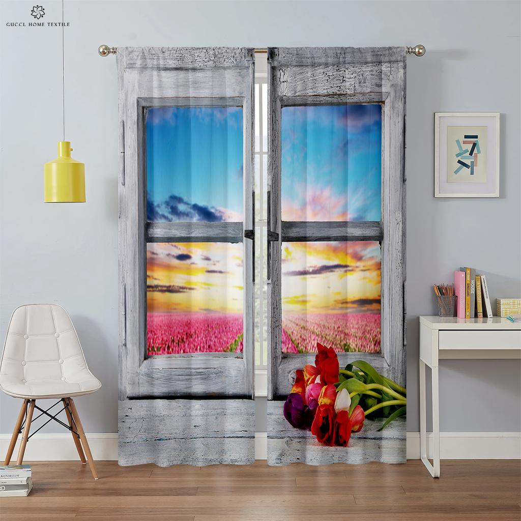 3D Printed Curtains for Bedroom, Living Room, Kitchen and Study Room, Realistic Sky Scenery Outside the Window, Blackout Curtain