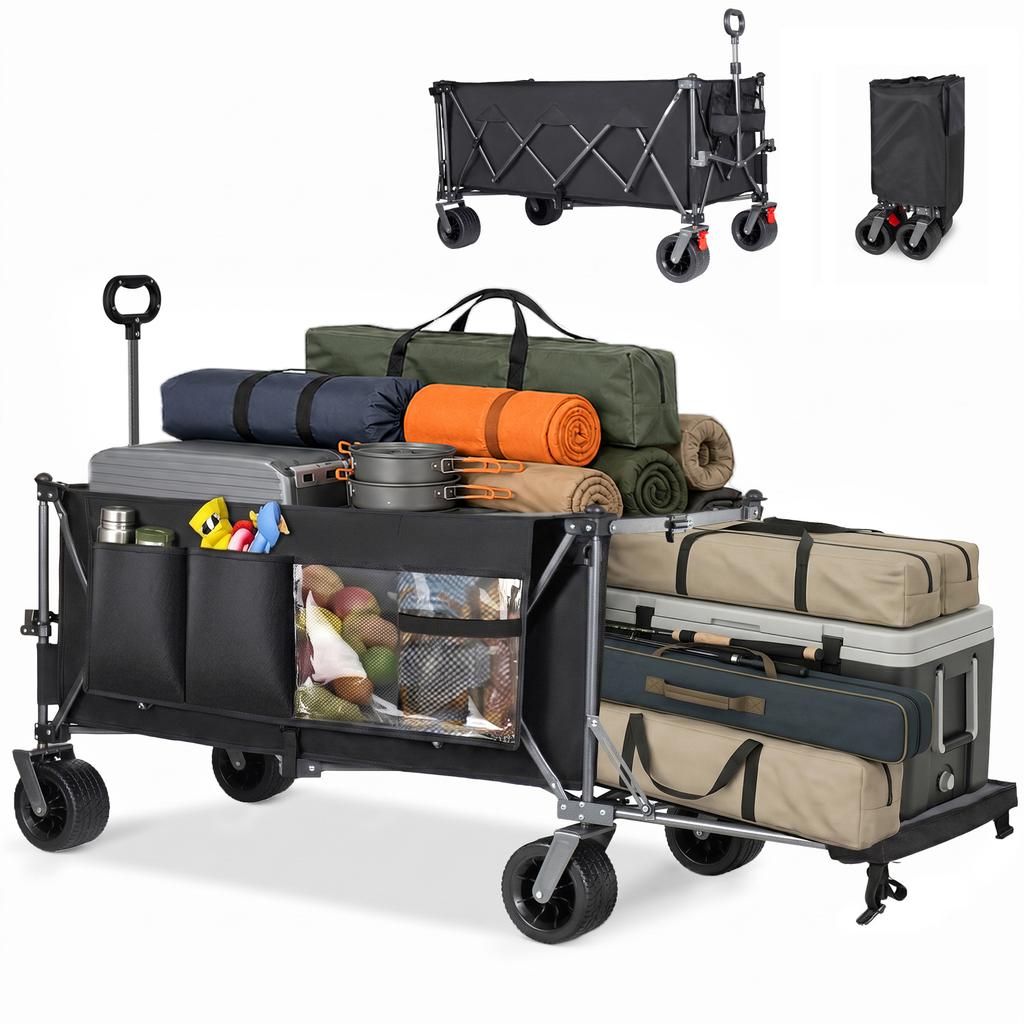 300L+120L Foldable Wagon & Tailgate, 180cm with Extra Wide 17x10 cm All-Terrain Wheels, Ideal for Garden, Shopping, Beach, and Outdoor Use (Black)