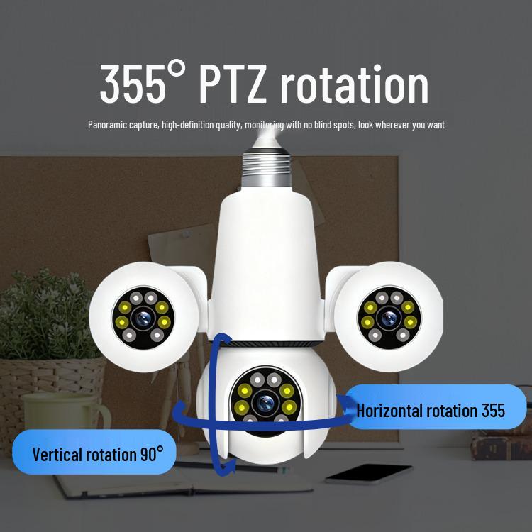 V380 Smart Lamp Holder Camera: Indoor HD 3-Eye Surveillance with Mobile Remote Control.