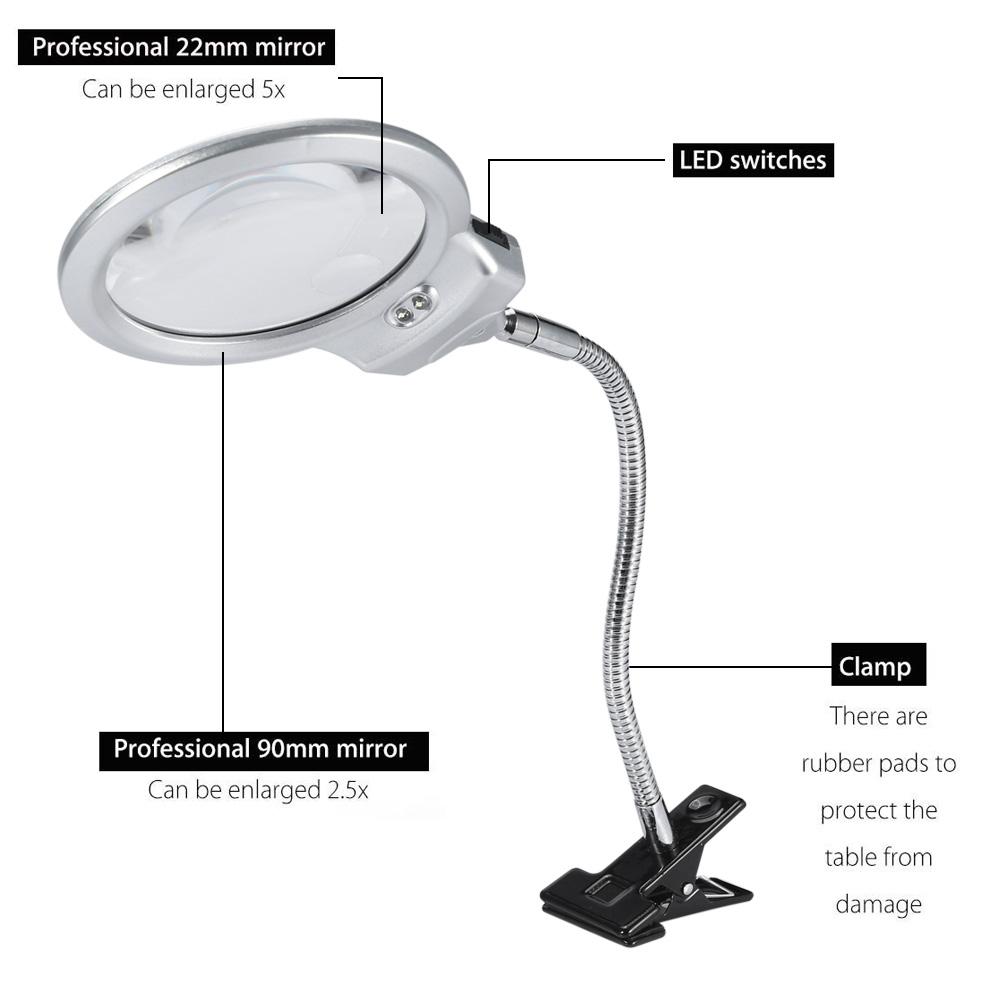 Large Lens Table Top Desk Lamp Lighted Magnifier Magnifying Glass With LED Light Clamp