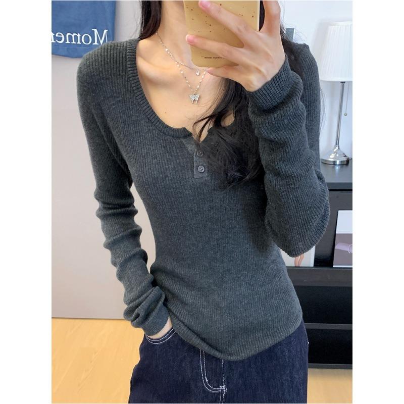 Button semi-open neck slim-fitting thin knitted long-sleeved women's spring inner cover Spice girl slim bottoming shirt Basic top
