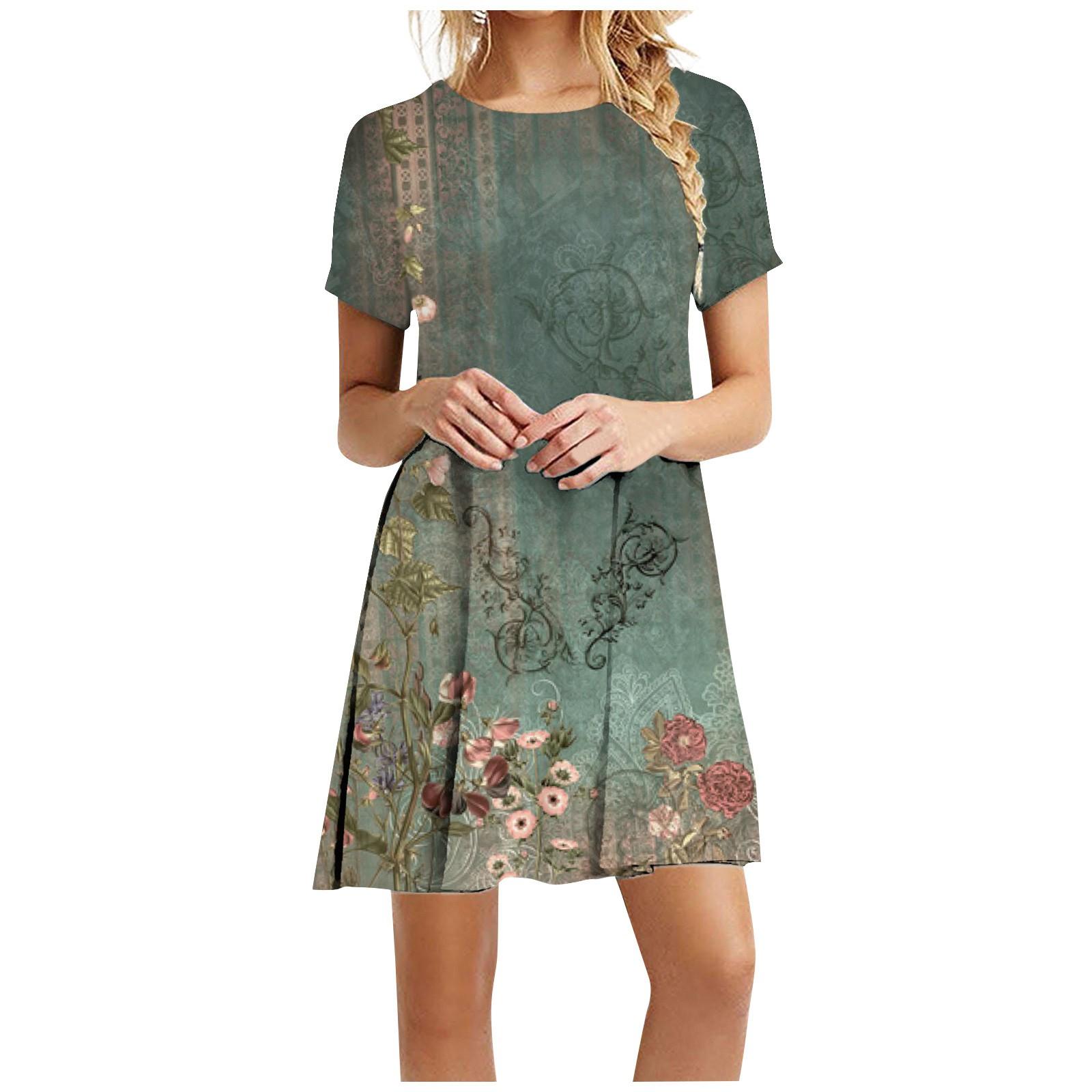 

Женское модное повседневное универсальное летнее платье в стиле ретро с круглым вырезом и коротким рукавом XXL