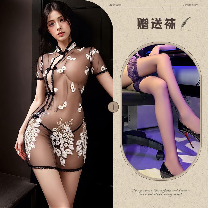 Embroidery embroidery erotic underwear sexy perspective temptation pure desire pajama set Republic of China cheongsam set