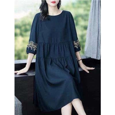 Damska sukienka vintage oversize długa modna casualowa wiosenna letnia nowa rękaw 3/4 indie folk haft duży rozmiar wciągana midi szata