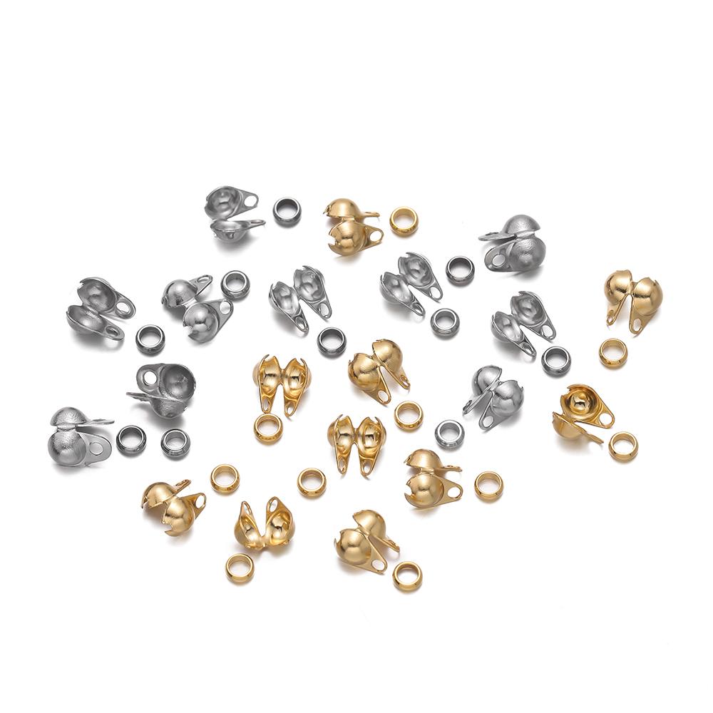 50Pcs Stainless Steel Crimp Bead Tips Knot Covers Clamshell Fold-Over Bead with 50pcs End Beads For DIY Jewelry Making