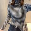 Women's Autumn Winter High-Neck Base Layer - Versatile Long Sleeve Striped Slim-Fit Knit T-Shirt for Inner Wear