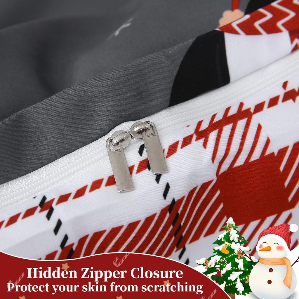 Christmas Duvet Cover Set 3 Pieces Penguin Snowflakes Xmas Tree Bedding Set Grey Reversible Plaid Comforter Set