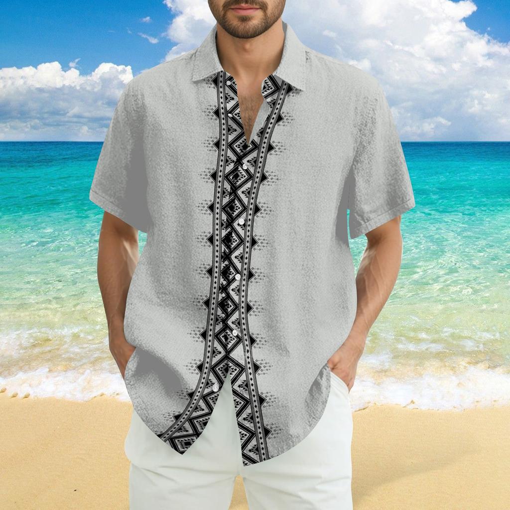 Men's Fashionable Casual Loose Striped Printed Beach Short-sleeved Shirt