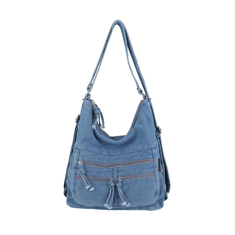 Vintage Denim Tote Bag Multi-Pocket Commuter Shoulder Crossbody Bag
