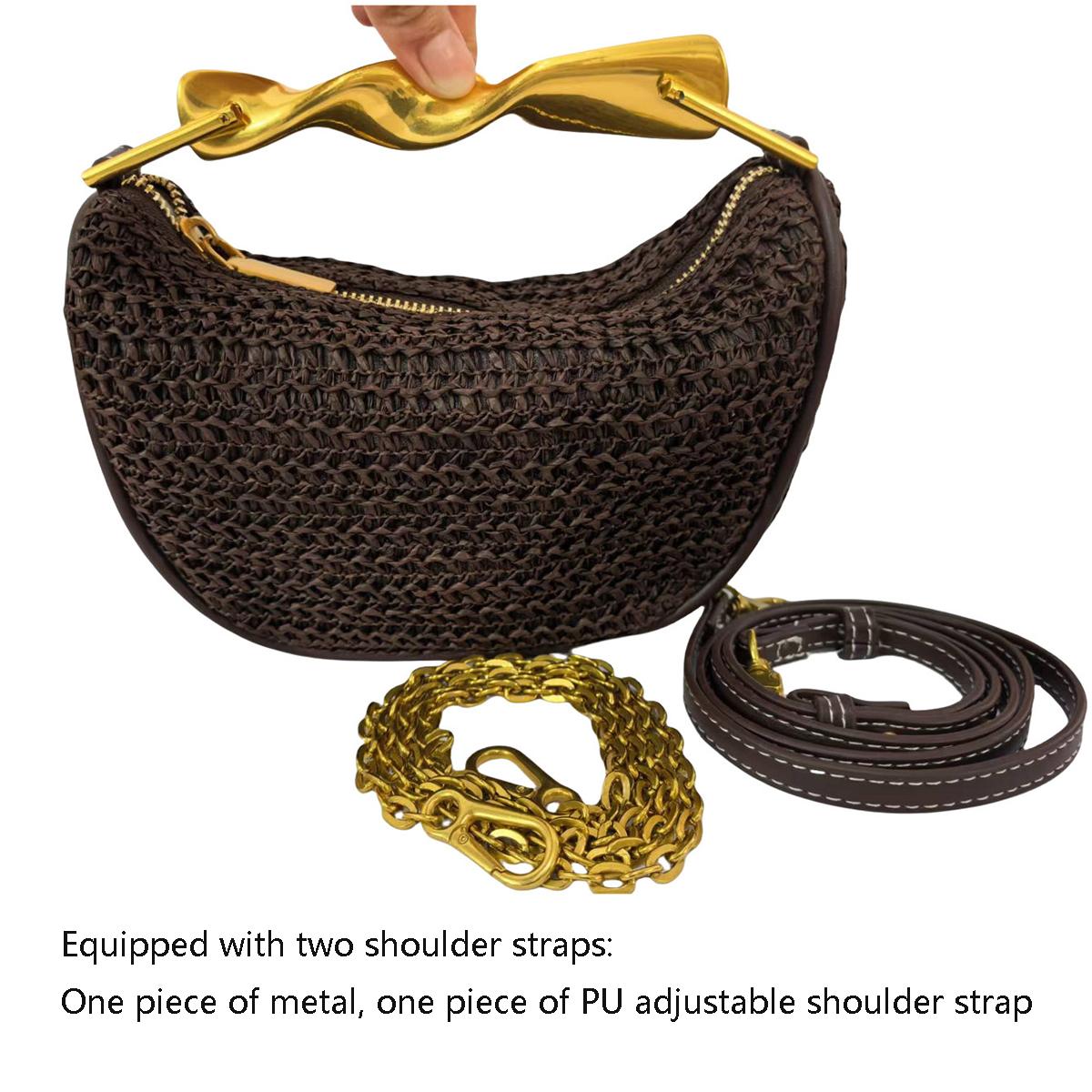 Summer Metal Handle Crossbody Zipper Woven Beach Bag, Fashiable Crescent Shaped Beach Straw Woven Shoulder Crossbody Bag кофейный