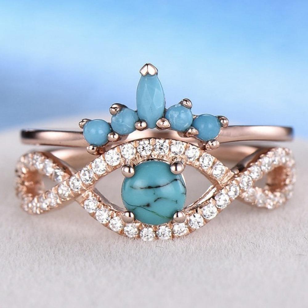 

Luxury European and American Fashion Inlaid Turquoise Ring Ins Style Internet Celebrity Simple Rose Gold Couple Ring Women No. 10