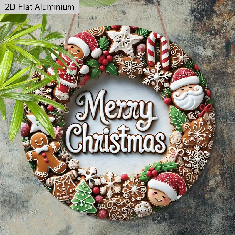 2D Flat Merry Christmas Aluminium Sign - Charming Figurine Ornaments with Santa Claus & Gingerbread Man Pattern - Ideal for Front Door, Wall, Porch