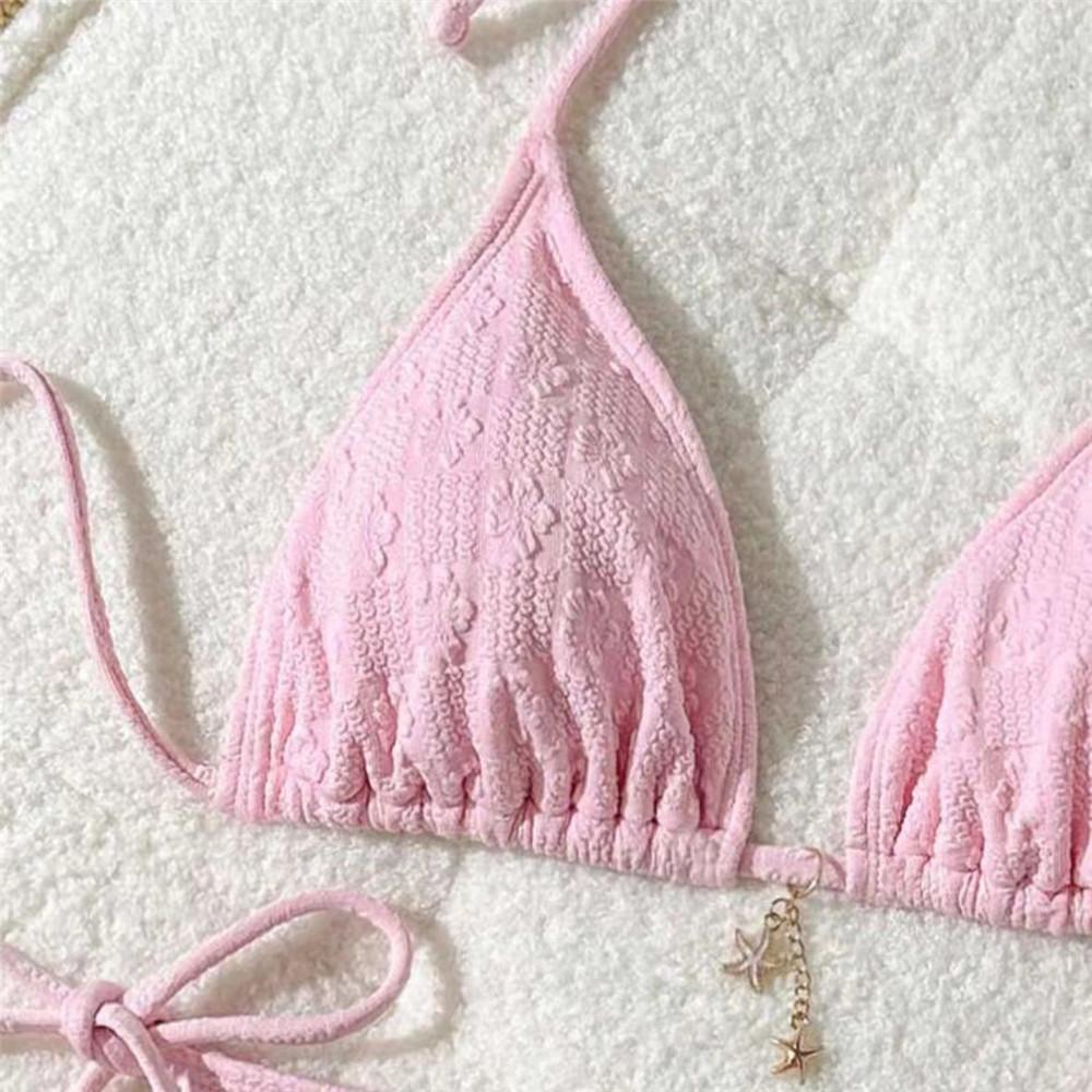 Pink Flower Emboss Solid Swimwears Halter String Triangle Bikini Micro Thong Sexy Swimsuit Women 2026 Bathing Suit Bikinis Sets