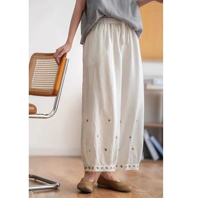Womens Beige Floral Embroidered Linen Pants Casual Elastic Waist Drawstring Lantern Trousers M белый