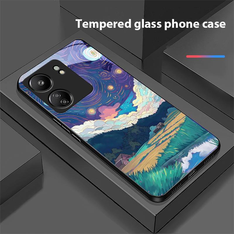 Olejomaľba Domček Pre Xiaomi Redmi 13C Note13 12 Pro Plus 5G Note 9 13T Pro POCO X6 F5 F6 Čierny Kryt na Telefón z Tvrdeného Skla