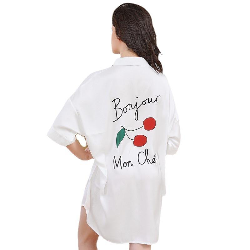 1011 New Ice Silk Nightdress Women's Spring and Autumn Sexy Boyfriend Style Shirt Skirt Summer Can Wear Large Size Loungewear