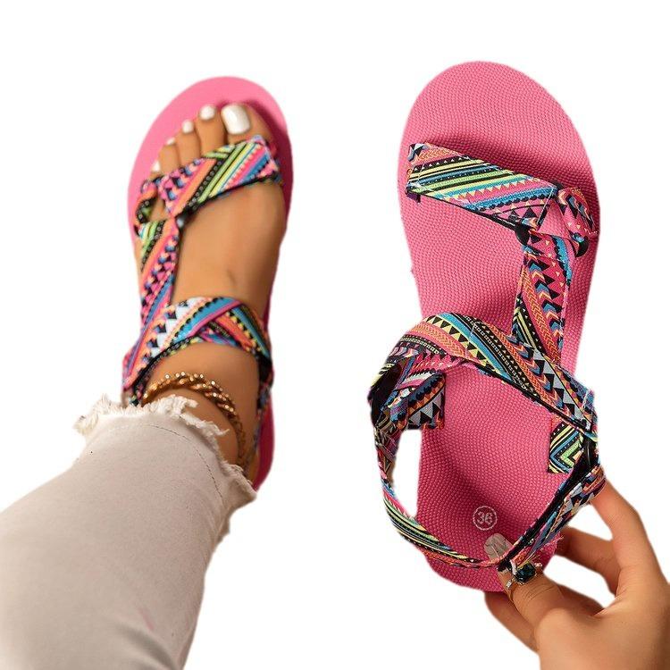 thick-soled famous style fish mouth color matching Velcro beach sandals new cloth striped women's shoes