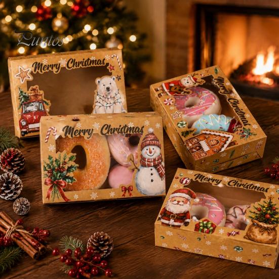 Decorative Bakery Boxes 6Pcs Christmas Paper Gift Boxes, Xmas Color Printed Foldable Cookie Treat Festive Party Favor Holiday Packaging for Desserts,