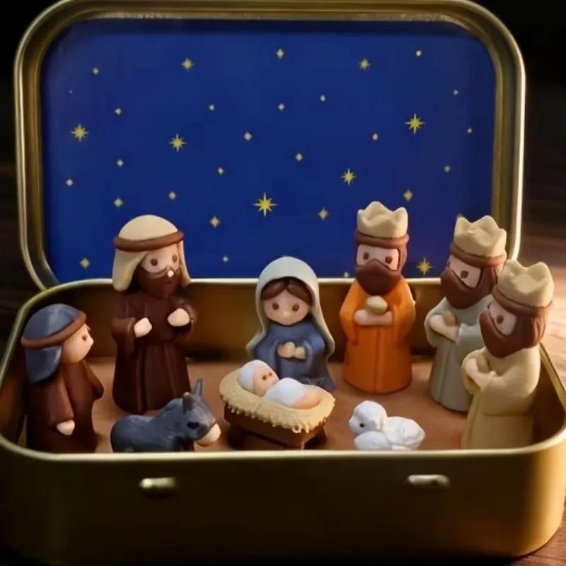 Small Xmas Nativity Manger Set Iron Box Pocket Holy Family Mary Jesus Shepherd Animal Figurines Christmas Easter Desk Decor Gift