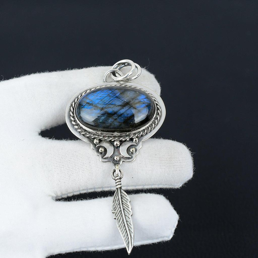 Handmade Natural Labradorite Pendant with Feather Charm in 925 Sterling Silver – Perfect Christmas, New Year, or Holiday Gift for Her