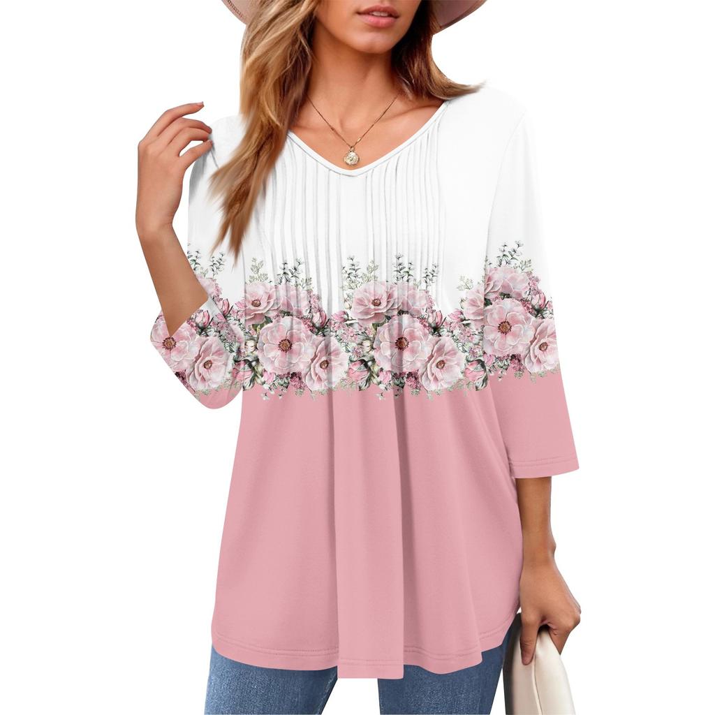 Damen Tops V-Ausschnitt Dreiviertelärmel Gestreift Plissee Casual Sommermode Shirt Tops