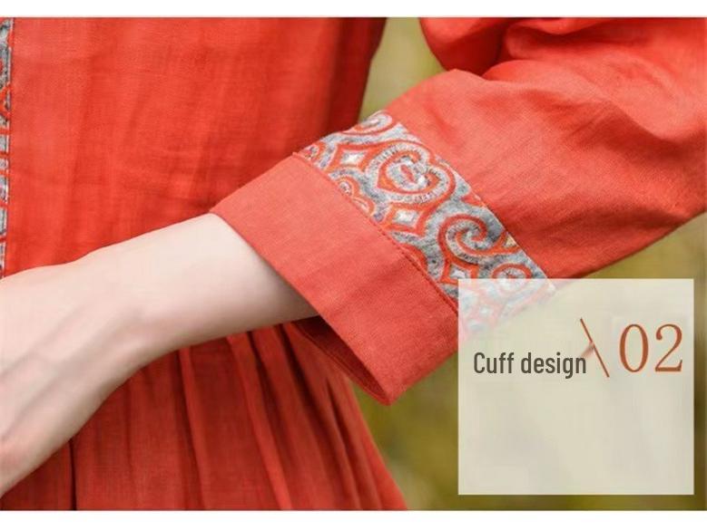 Retro Literary Cotton Linen Waist-Cinched Dress for Women - 2026 Spring/Autumn Mid-Length Long Sleeve Skirt