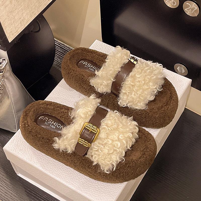 Winter fluffy slippers flat-bottomed non-slip one-word slippers wear thick-soled ins home cotton slippers