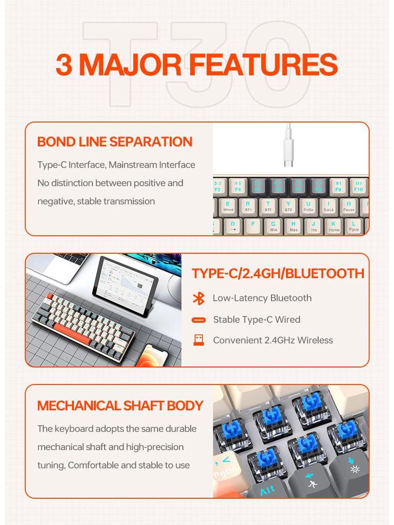 T-WOLF T30 Wireless RGB Mechanical Gaming Keyboard - Bluetooth, Three Modes, Blue Switches